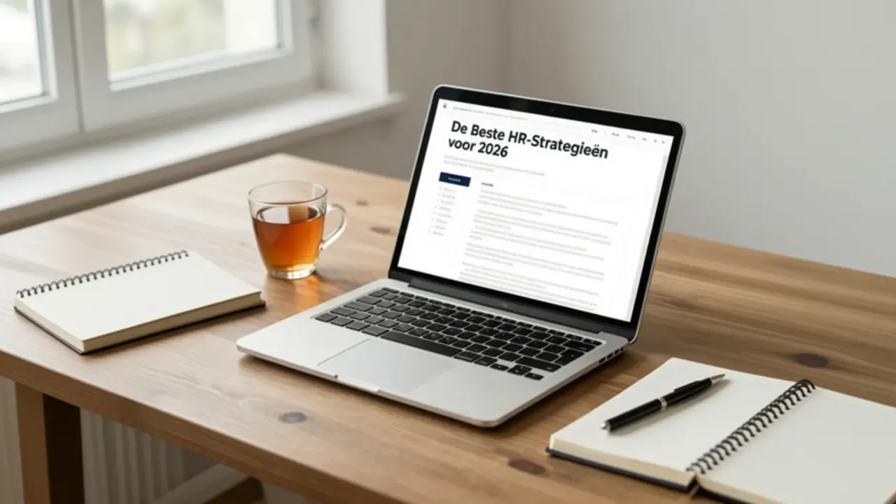 Laptop op een houten bureau met een HR-artikel op het scherm, kop thee en notitieblok